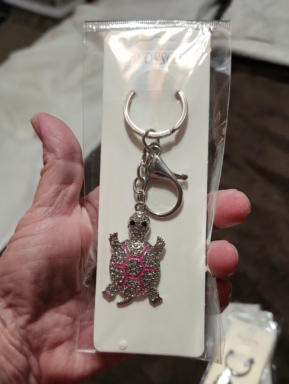 Sparkling Turtle Keychain Or Bag Charm with Pink Accent